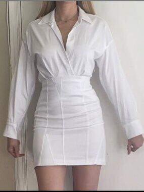 Zara White Corset Shirt Dress Size Small Long Sleeve Mini Bodycon Flawed